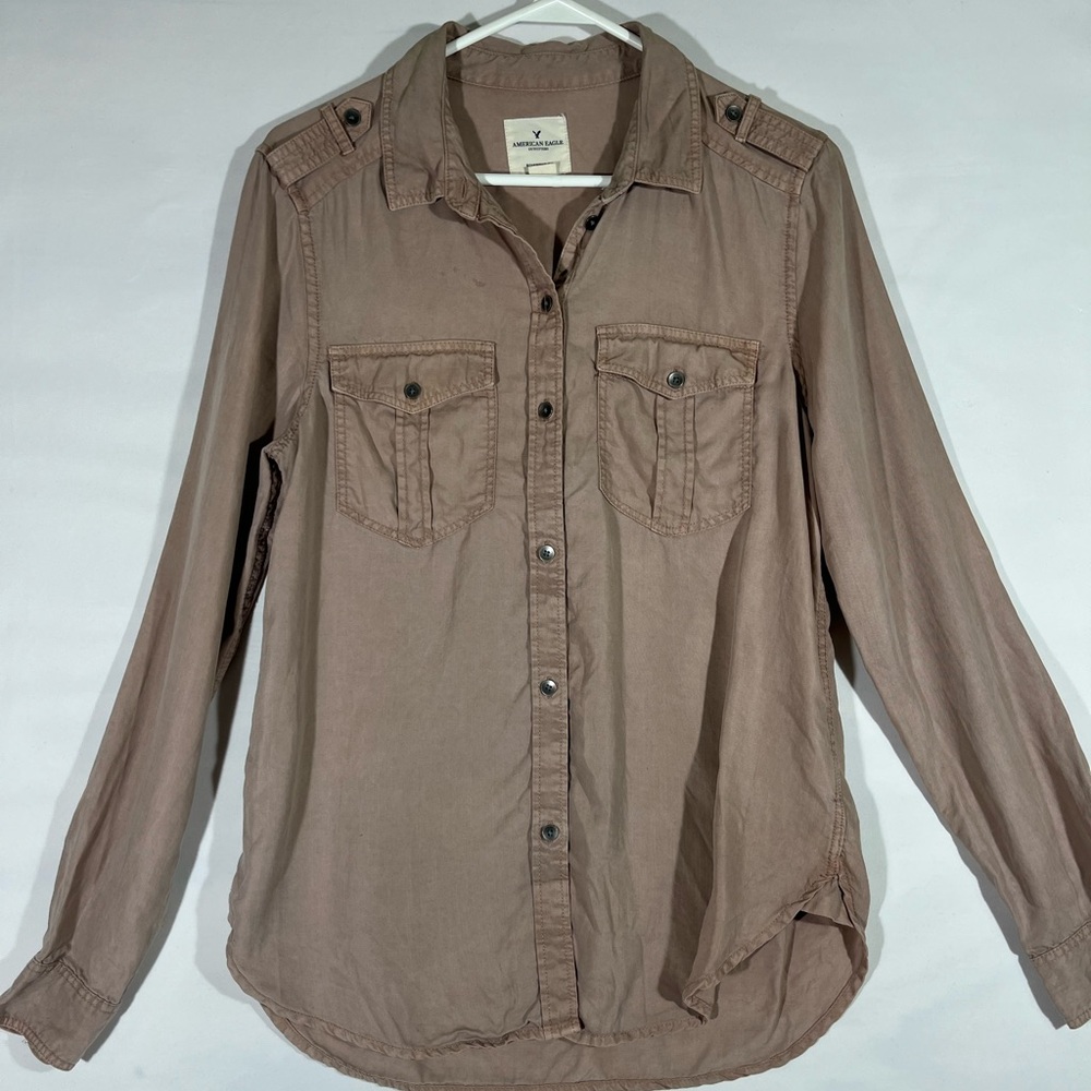 American Eagle Button Down Shirt Boyfriend Fit Women’s SM Taupe PREOWNED